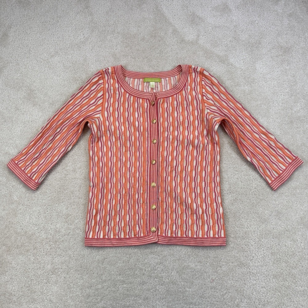 Sigrid Olsen Silk Blend Shimmer Cardigan Womens Small Orange Pink Gold Metallic